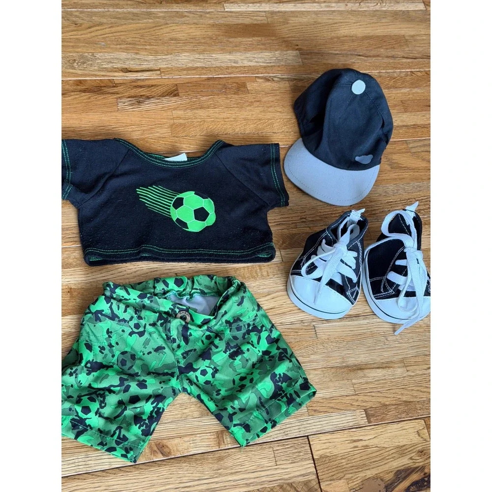 Build a Bear Soccer Outfit Shirt Shorts Cap Shoes Green Black Ball Graphic